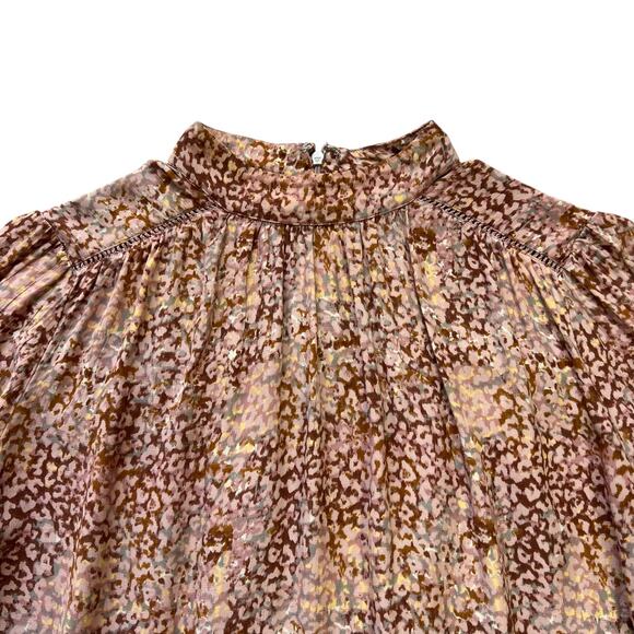 HINGE Ruffle Mock Neck Blouse | M | Pink Multi Leopard Print | Romantic Boho - Picture 5 of 14